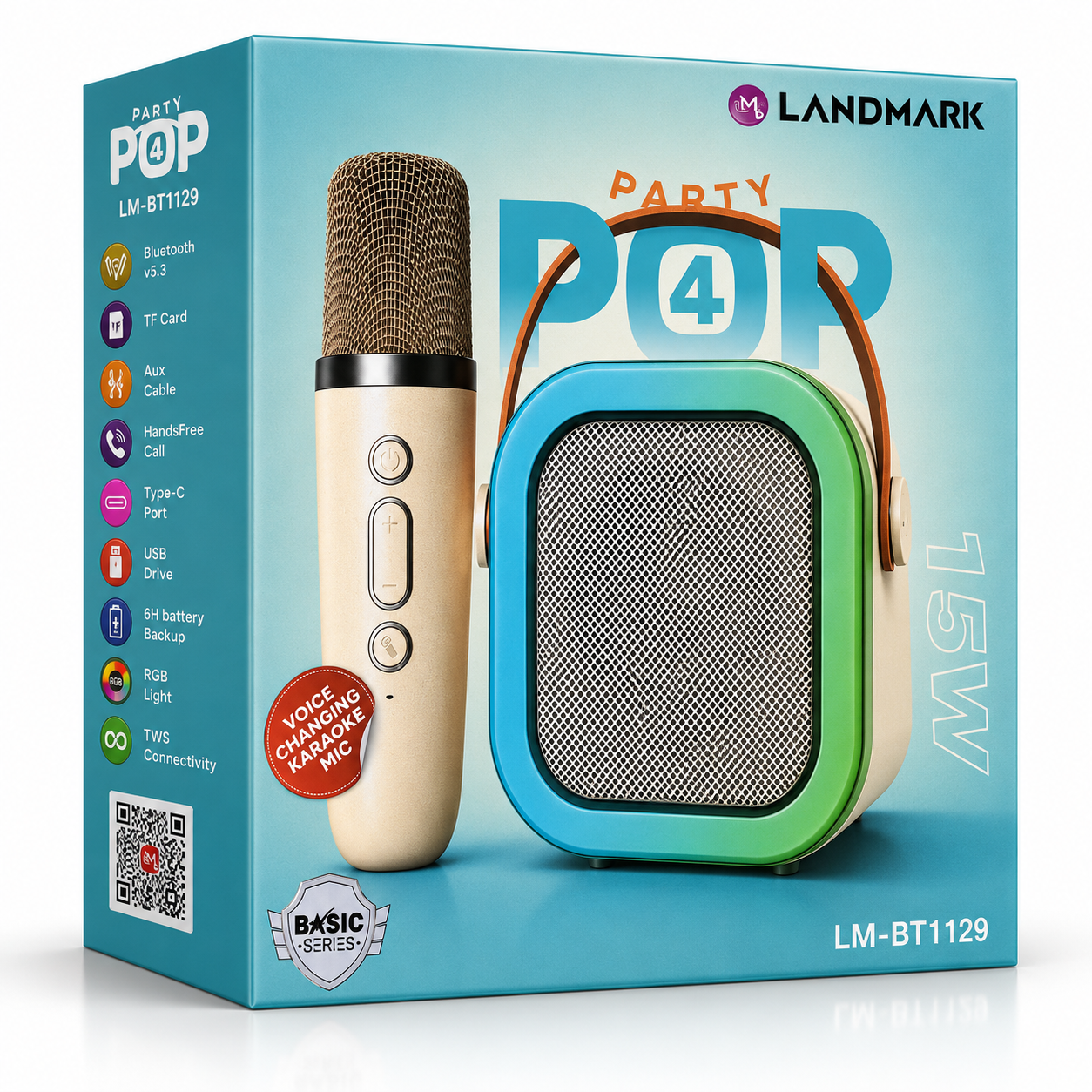 Portable Bluetooth karaoke speaker packaging with wireless microphone, Bluetooth 5.3, RGB lighting, Type-C charging, USB, TF card, AUX support, 15W output and 6-hour battery backup.