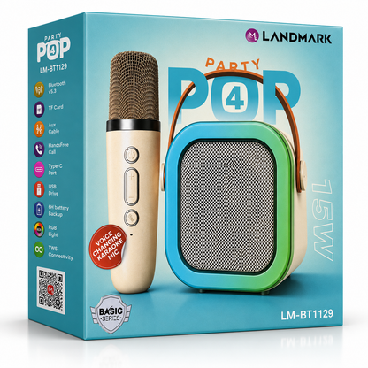Portable Bluetooth karaoke speaker packaging with wireless microphone, Bluetooth 5.3, RGB lighting, Type-C charging, USB, TF card, AUX support, 15W output and 6-hour battery backup.