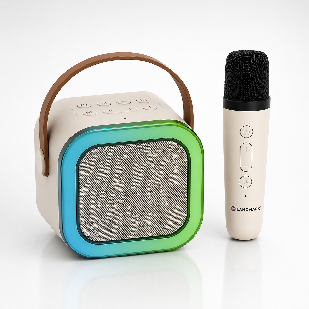 Compact portable Bluetooth karaoke speaker with wireless microphone, RGB light ring, carry handle and modern design for music, karaoke and outdoor entertainment.