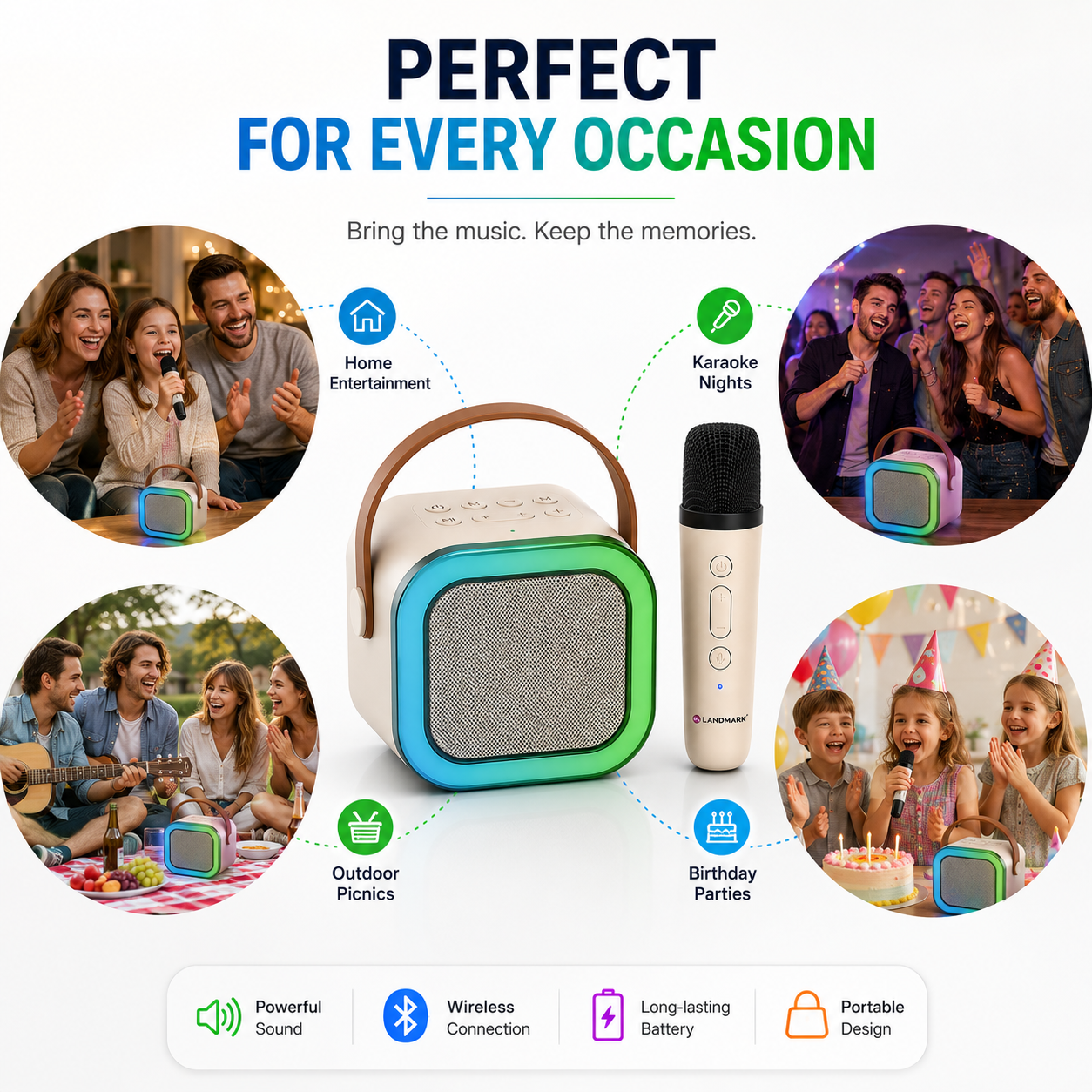 Portable Bluetooth karaoke speaker with wireless microphone shown for home entertainment, karaoke nights, birthday parties, outdoor picnics and family gatherings.