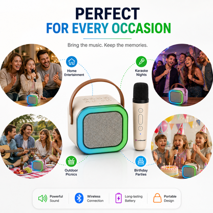Portable Bluetooth karaoke speaker with wireless microphone shown for home entertainment, karaoke nights, birthday parties, outdoor picnics and family gatherings.
