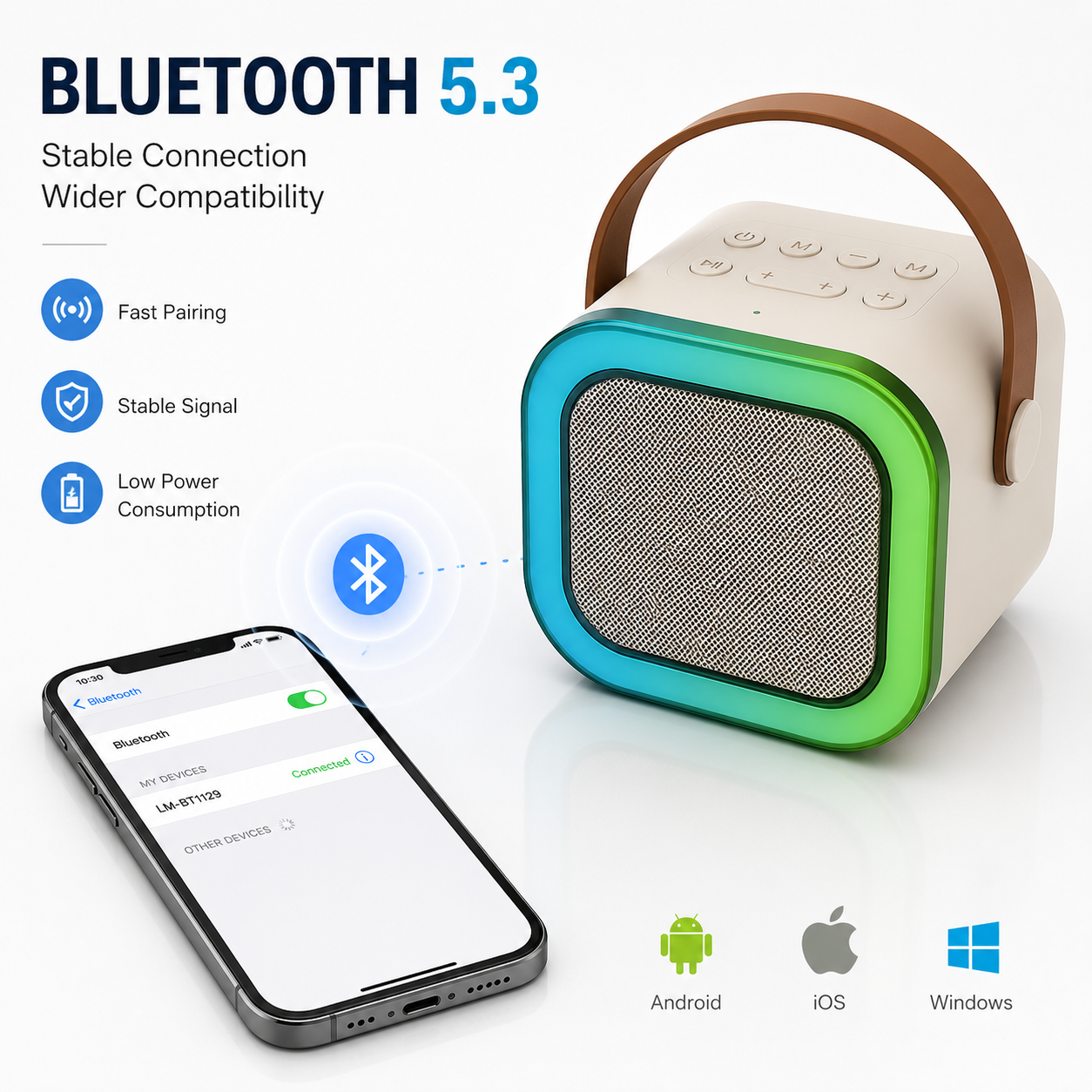 Bluetooth 5.3 portable karaoke speaker with stable wireless connection, fast pairing, low power consumption, and compatibility with Android, iOS and Windows devices.