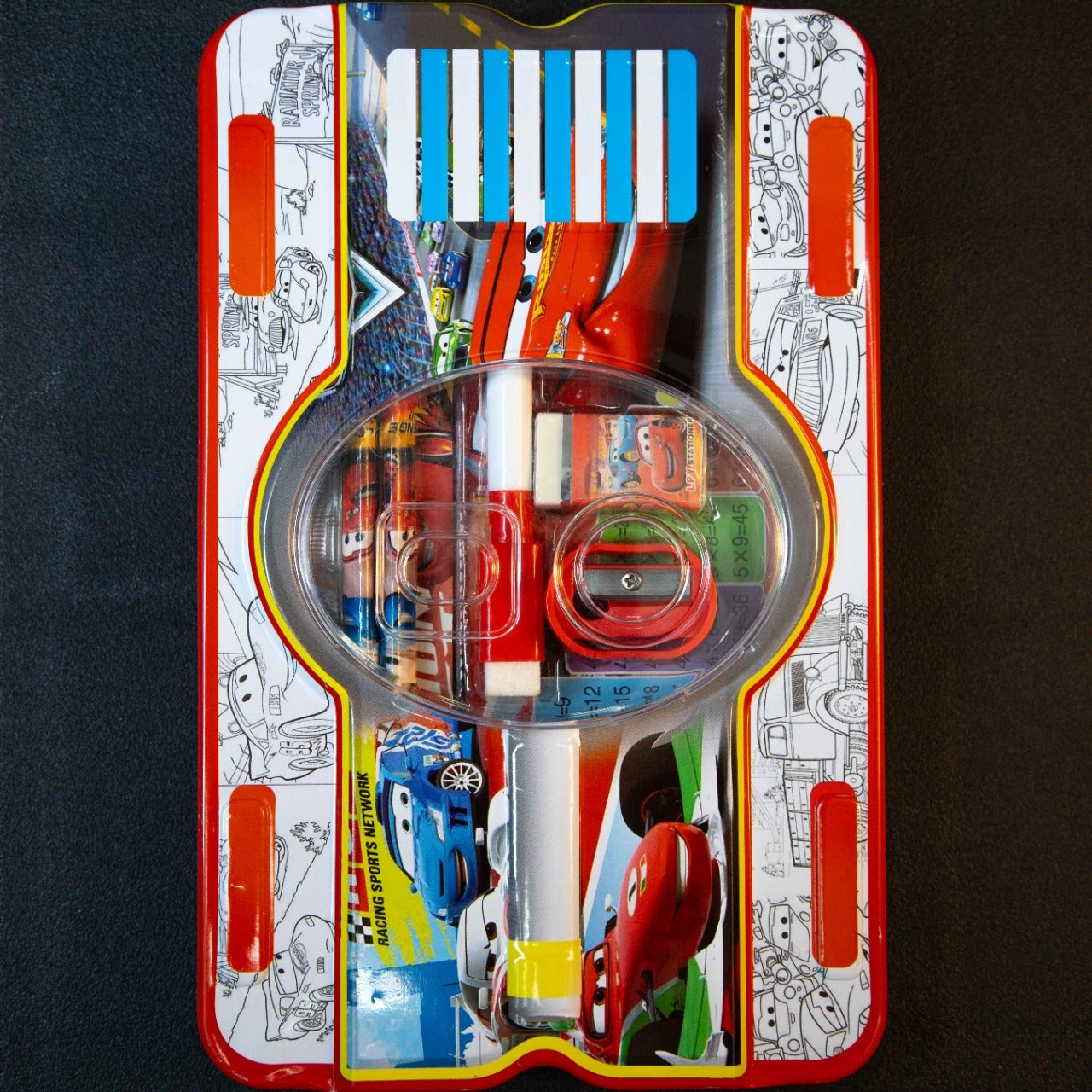 Racing car themed kids pencil case with organised compartments and school stationery essentials for daily classroom use