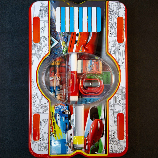 Racing car themed kids pencil case with organised compartments and school stationery essentials for daily classroom use