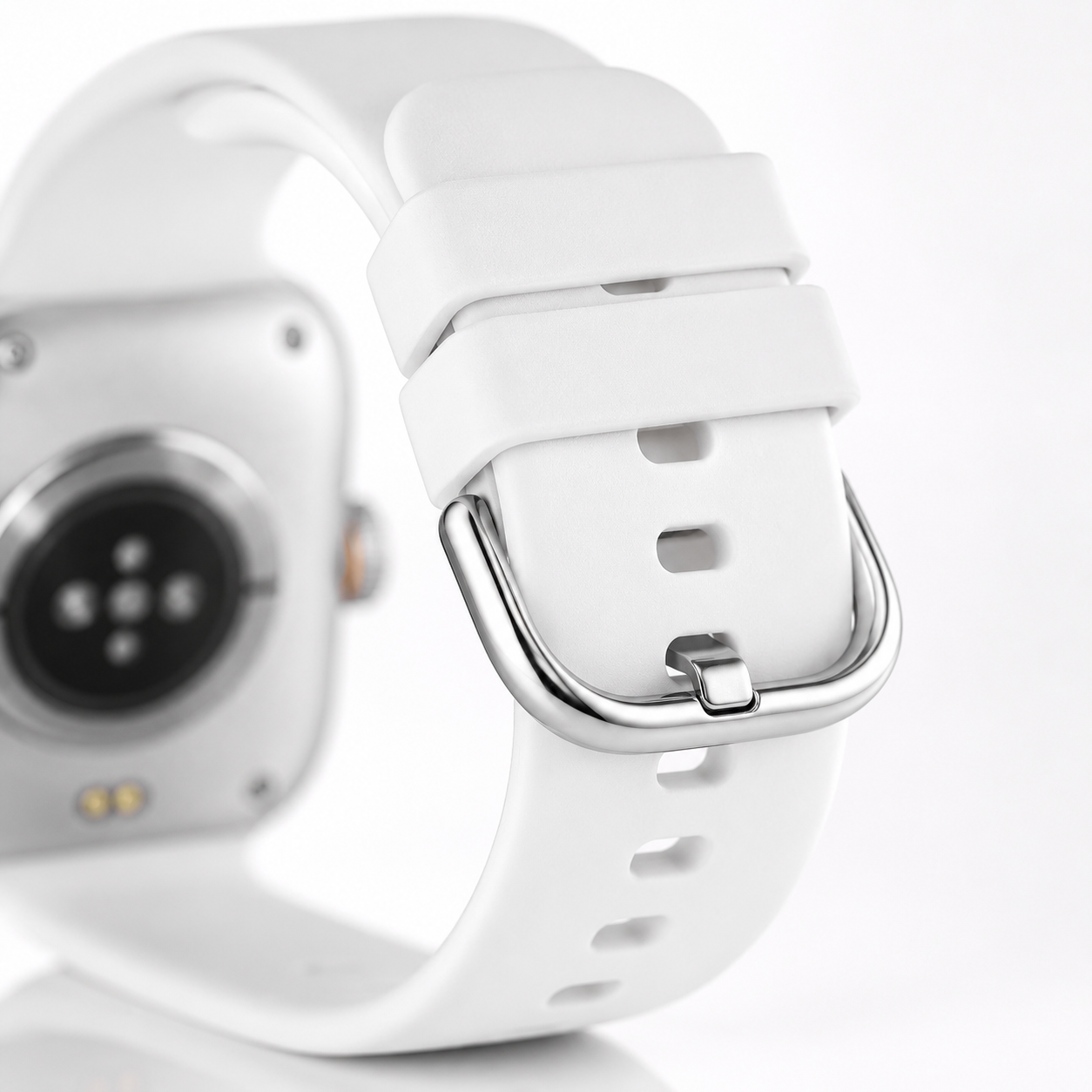 Close-up of the Rambo Calling smartwatch white silicone strap with stainless steel buckle.