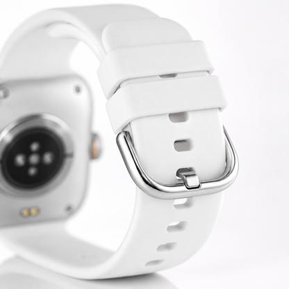 Close-up of the Rambo Calling smartwatch white silicone strap with stainless steel buckle.