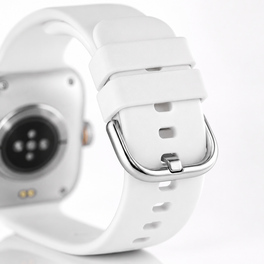 Close-up of the Rambo Calling smartwatch white silicone strap with stainless steel buckle.