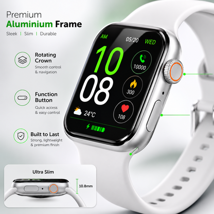 Rambo Calling smartwatch close-up showing the aluminium frame, rotating crown and side function button.