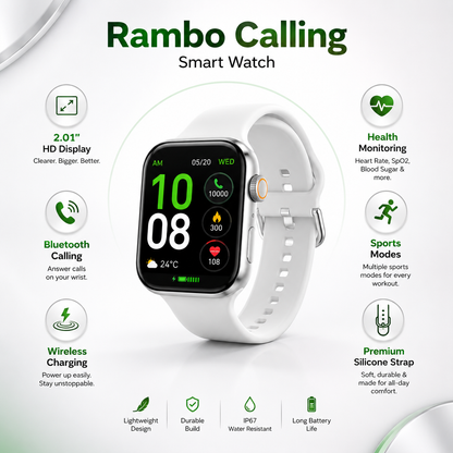 Rambo Calling smartwatch feature infographic with 2.01-inch HD display, Bluetooth calling, health monitoring and wireless charging.
