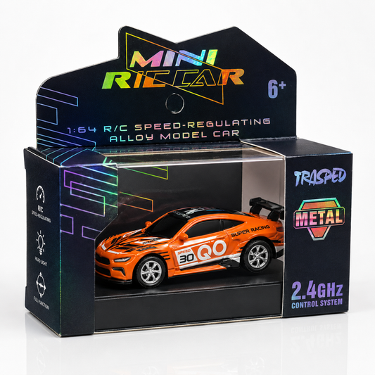 1:64 mini metal remote control racing car in retail packaging with 2.4GHz wireless control system, alloy body, speed-regulating function, and sports car design.