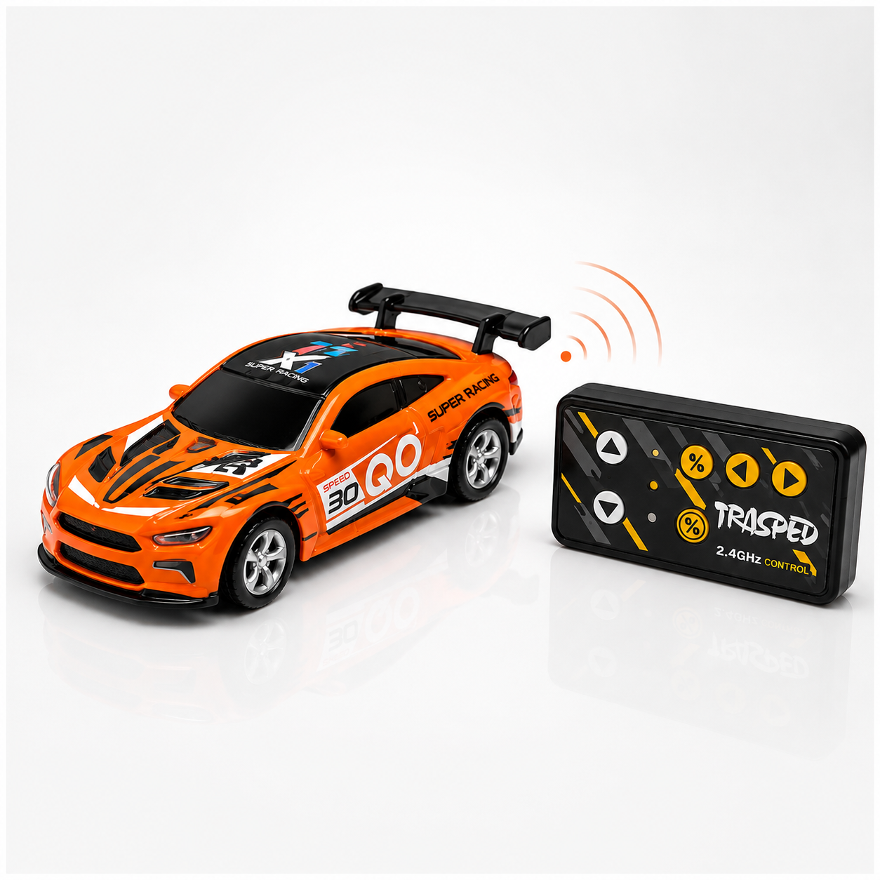 Orange 1:64 alloy remote control racing car paired with a 2.4GHz wireless controller, designed for indoor racing, responsive control, and realistic sports car play.