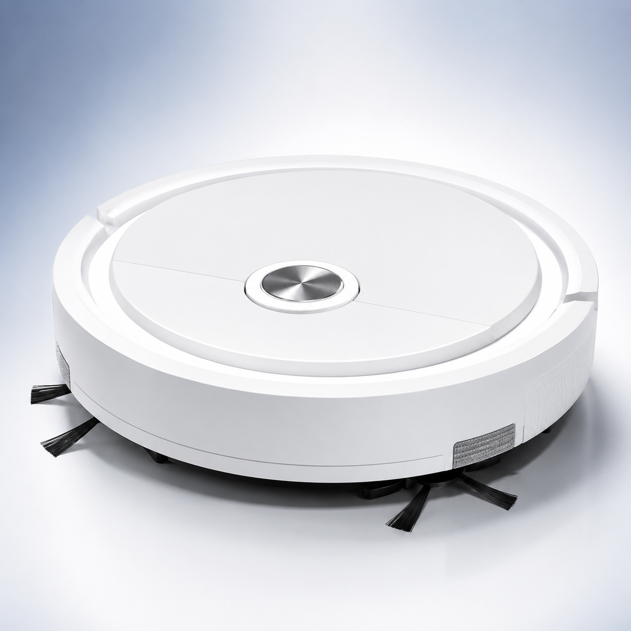 White rechargeable robot vacuum cleaner with dual side brushes, compact low-profile design, and automatic floor sweeping for tiles, marble, and wooden flooring.
