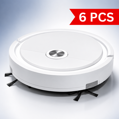 White rechargeable robot vacuum cleaner with dual side brushes, compact low-profile design, and automatic floor sweeping for tiles, marble, and wooden flooring.