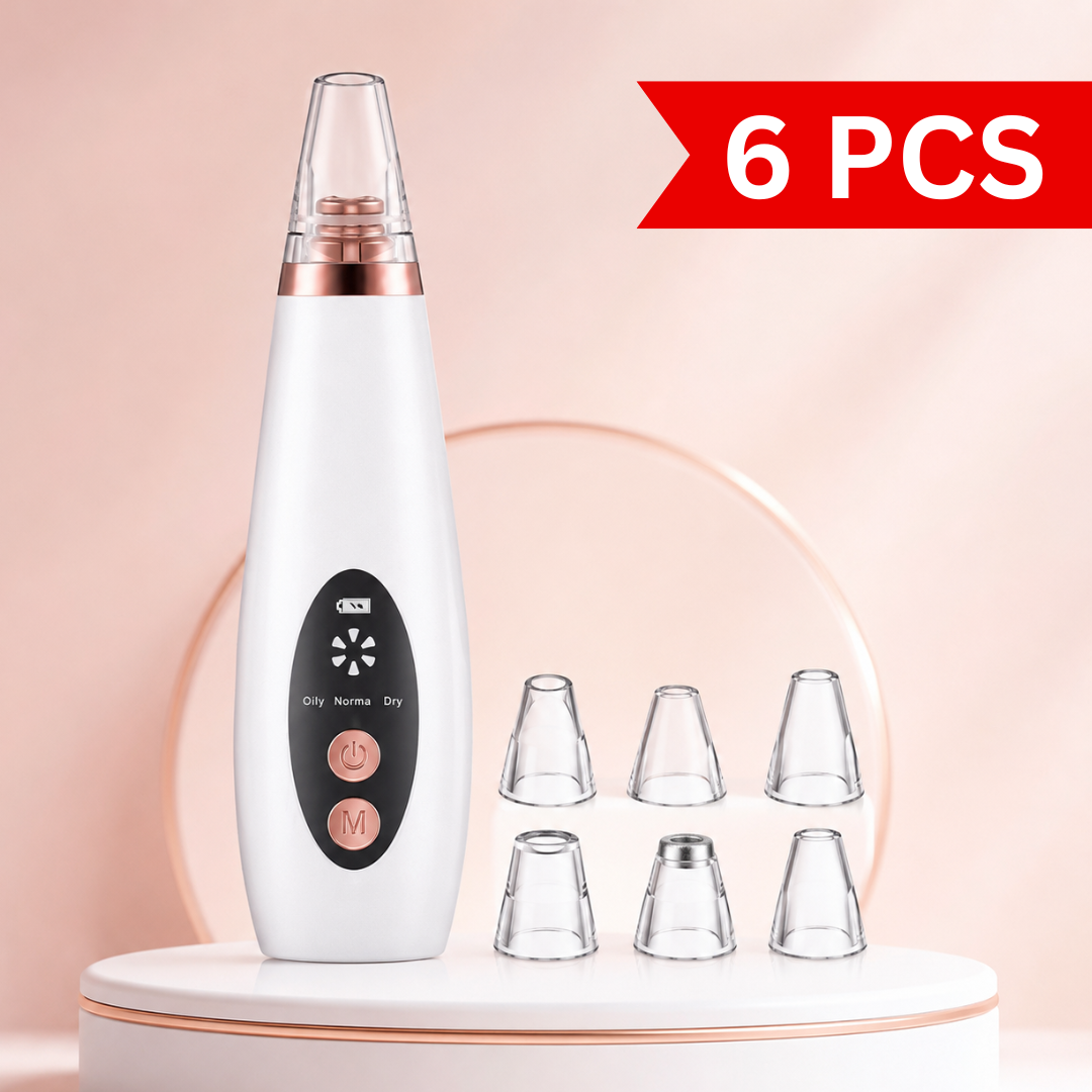 Premium rechargeable blackhead remover vacuum cleaner displayed with six suction head attachments on a clean skincare-themed background. White and rose-gold facial pore cleaner designed for blackhead removal and pore cleansing.
