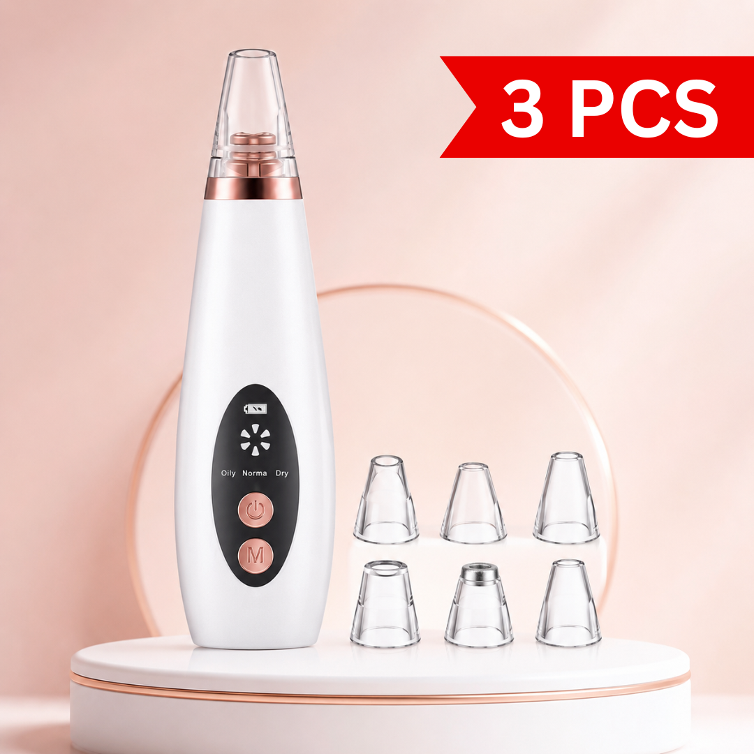 Premium rechargeable blackhead remover vacuum cleaner displayed with six suction head attachments on a clean skincare-themed background. White and rose-gold facial pore cleaner designed for blackhead removal and pore cleansing.