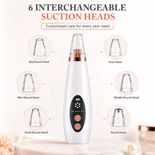 Rechargeable blackhead remover device displayed with six interchangeable suction heads, including round and oval attachments for different facial areas. Product infographic highlighting customizable pore cleaning and blackhead removal care.