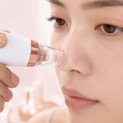 Close-up of a woman using a rechargeable blackhead remover vacuum on her nose. The transparent suction tip targets visible blackheads and clogged pores, demonstrating at-home facial pore cleansing and skincare maintenance.