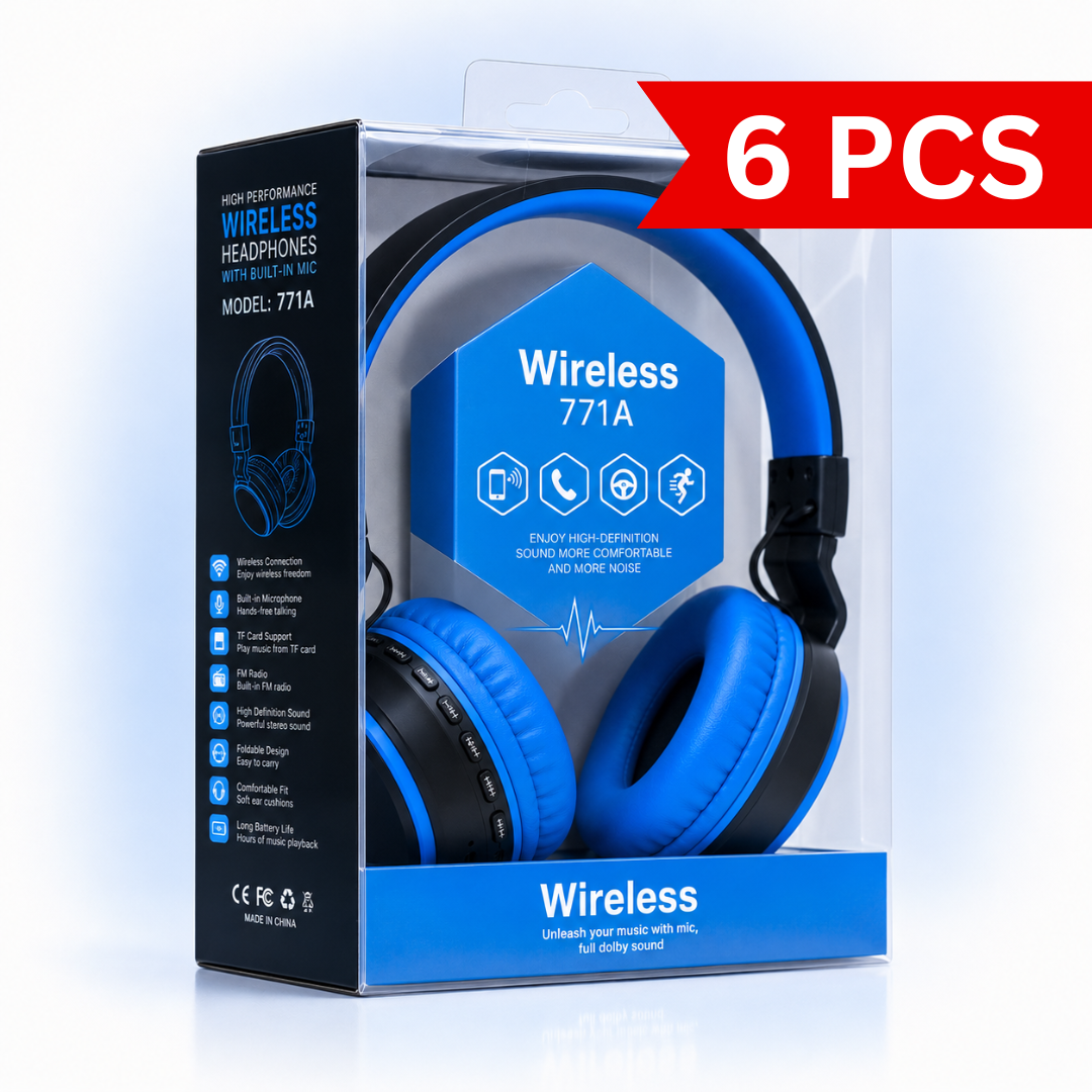 Wireless 771A Bluetooth over-ear headphones in premium retail packaging featuring a black and blue design with built-in microphone, TF card support, FM radio, foldable design, long battery life, and soft cushioned ear cups.