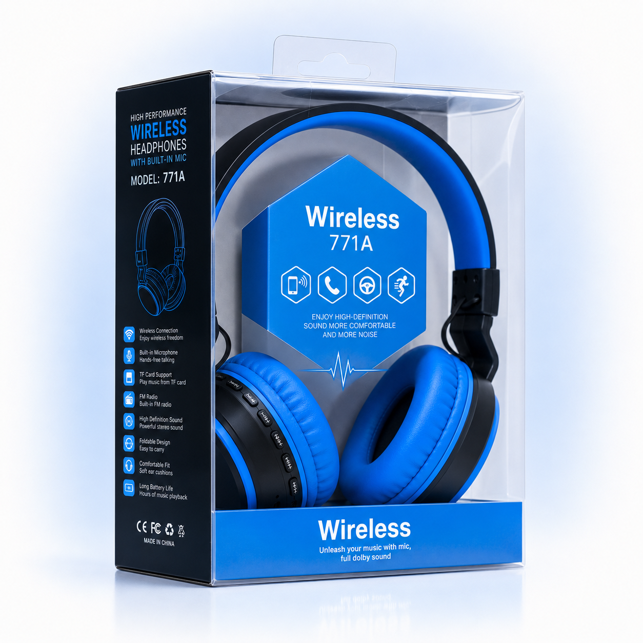 Wireless 771A Bluetooth over-ear headphones in premium retail packaging featuring a black and blue design with built-in microphone, TF card support, FM radio, foldable design, long battery life, and soft cushioned ear cups.