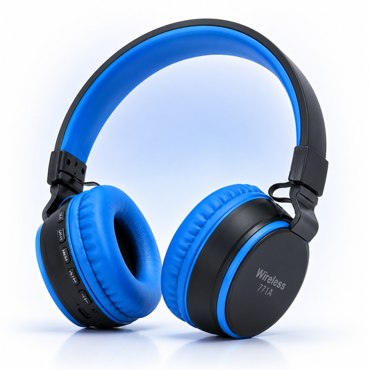 Wireless 771A Bluetooth over-ear headphones in black and blue with soft padded ear cushions, adjustable headband, built-in microphone, TF card support, onboard controls, and foldable design