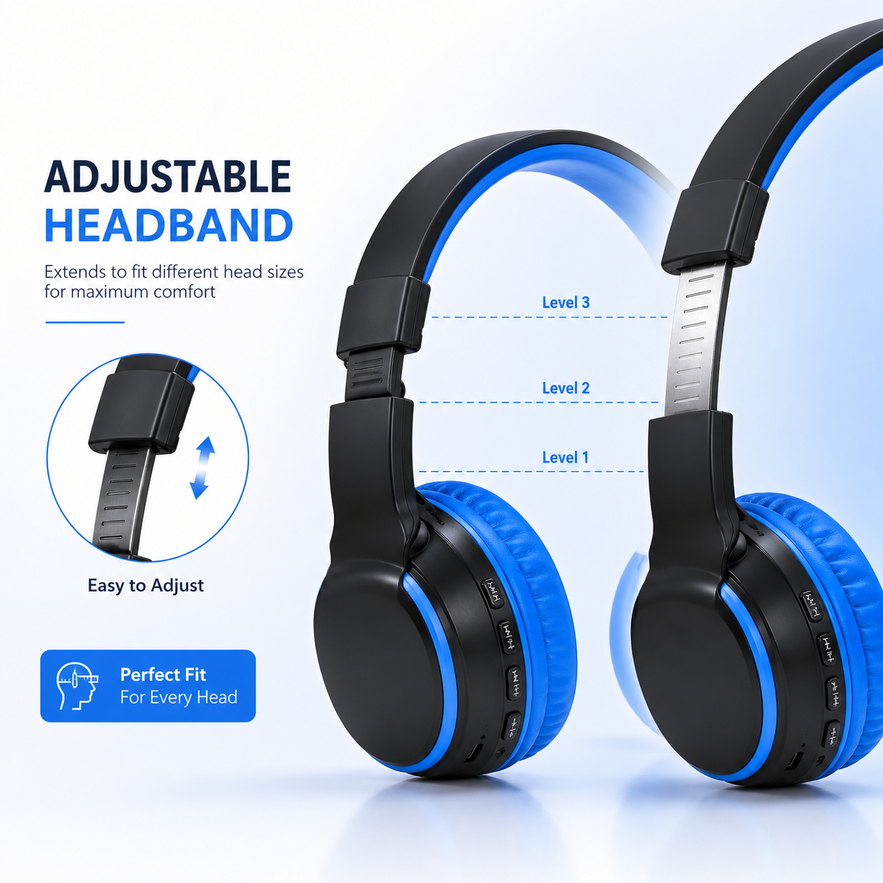 Wireless 771A over-ear Bluetooth headphones featuring an adjustable headband with multiple extension levels for a comfortable fit across different head sizes and extended listening sessions.