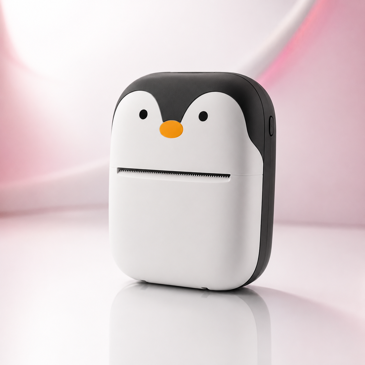 Compact portable Bluetooth thermal mini printer with a penguin-inspired design, wireless inkless printer for printing photos, labels, notes, sketches and text using thermal paper.
