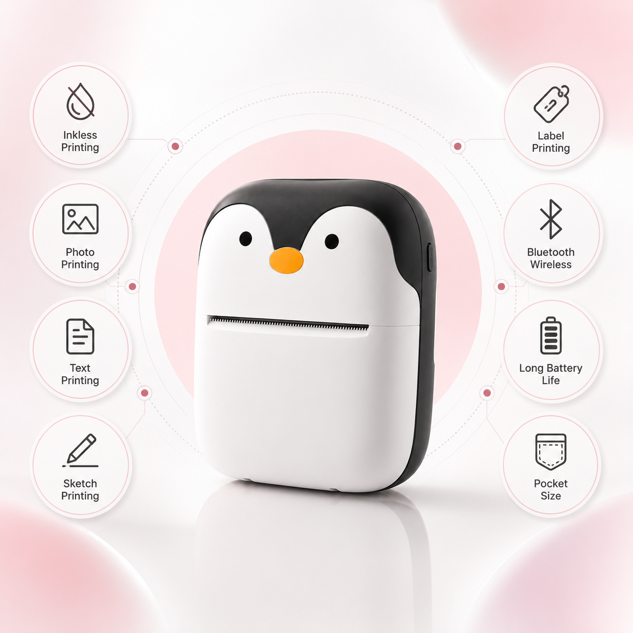 Portable Bluetooth thermal mini printer with a cute penguin design, featuring inkless printing, photo printing, text printing, sketch printing, label printing, Bluetooth wireless connectivity, long battery life and compact pocket-size design.