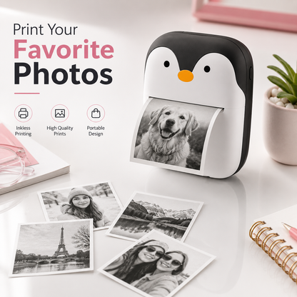 Portable Bluetooth thermal mini printer printing a black-and-white photo on a desk, showcasing inkless printing for photos, labels, notes and creative projects in a modern workspace.