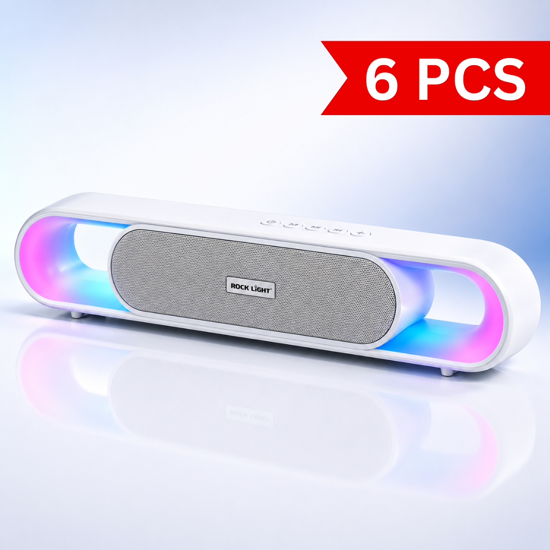 20W wireless Bluetooth soundbar speaker with RGB ambient lighting, premium metal front grille, top control buttons and modern white design
