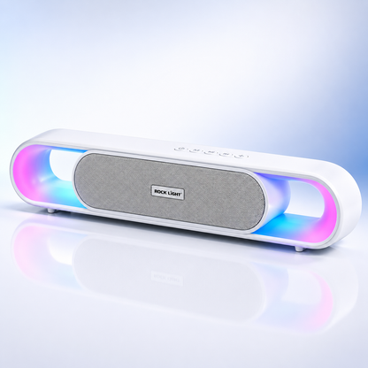 20W wireless Bluetooth soundbar speaker with RGB ambient lighting, premium metal front grille, top control buttons and modern white design