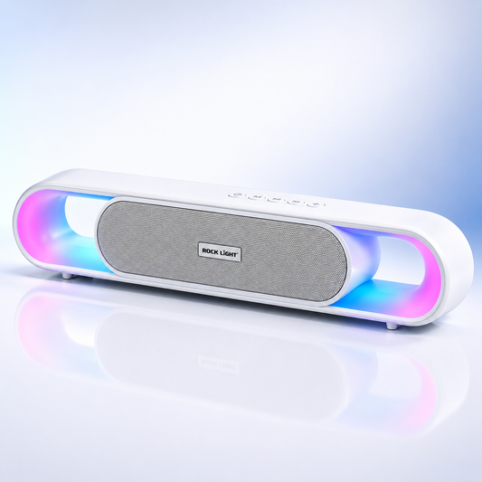 20W wireless Bluetooth soundbar speaker with RGB ambient lighting, premium metal front grille, top control buttons and modern white design