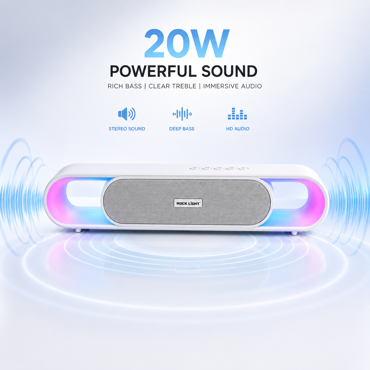 Portable Bluetooth 5.1 soundbar featuring 20W output, colourful RGB side lights, stereo speaker grille and sleek white finish for home entertainment.