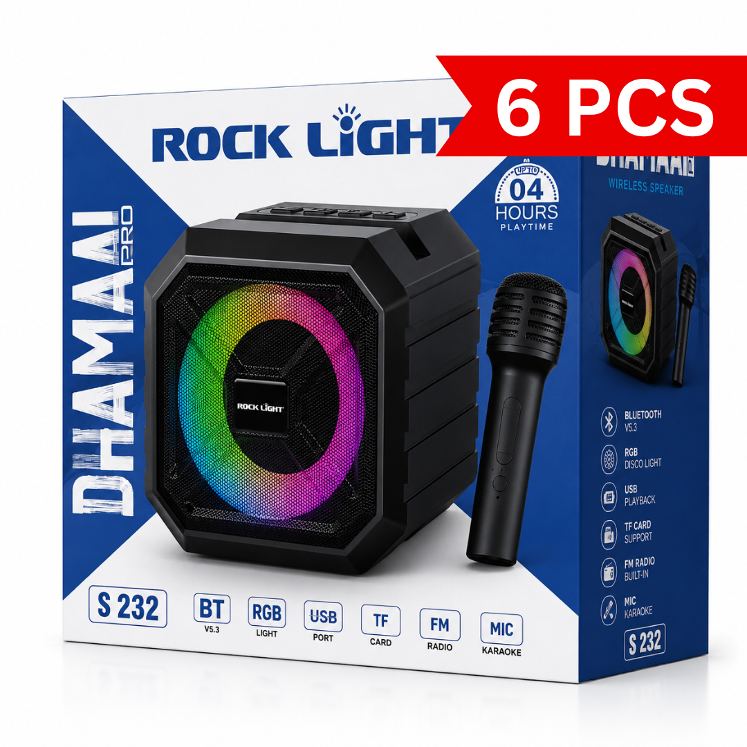 Portable Bluetooth karaoke speaker retail box with wireless microphone, RGB disco light, Bluetooth 5.3, USB playback, TF card support and FM radio.