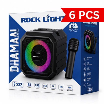 Portable Bluetooth karaoke speaker retail box with wireless microphone, RGB disco light, Bluetooth 5.3, USB playback, TF card support and FM radio.
