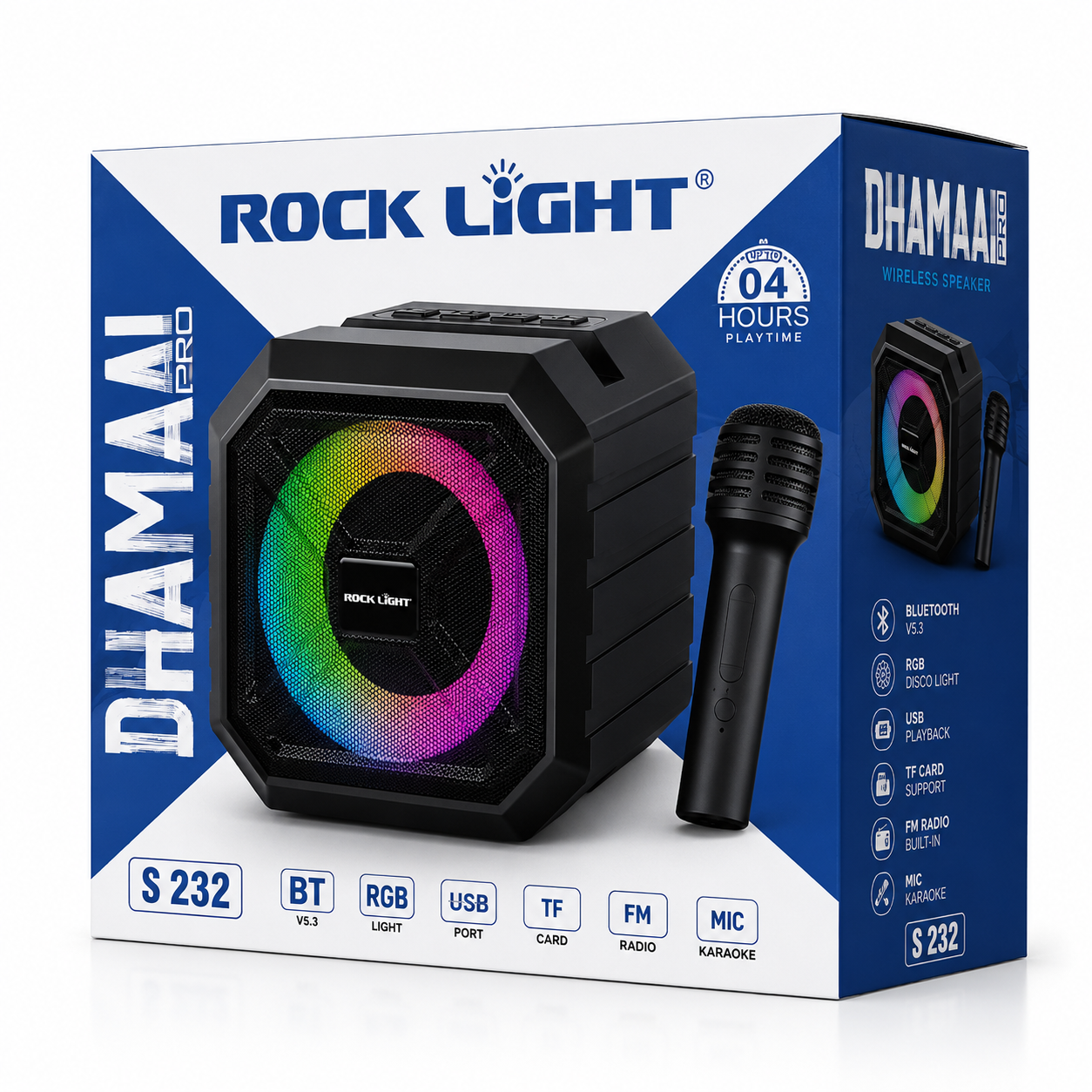 Portable Bluetooth karaoke speaker retail box with wireless microphone, RGB disco light, Bluetooth 5.3, USB playback, TF card support and FM radio.