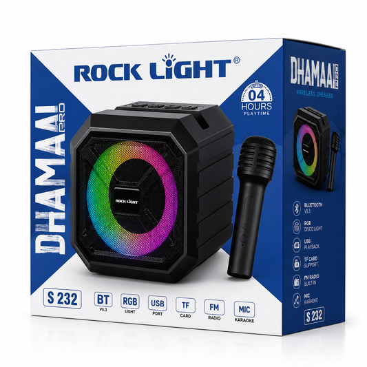 Portable Bluetooth karaoke speaker retail box with wireless microphone, RGB disco light, Bluetooth 5.3, USB playback, TF card support and FM radio.