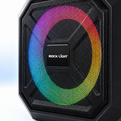 Close-up of a portable Bluetooth karaoke speaker featuring a premium black metal grille and vibrant RGB LED ring lighting for party entertainment.