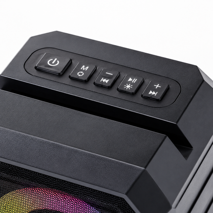 Top control panel of a portable Bluetooth speaker with power, mode, volume, play/pause and RGB light control buttons in a modern ergonomic design.