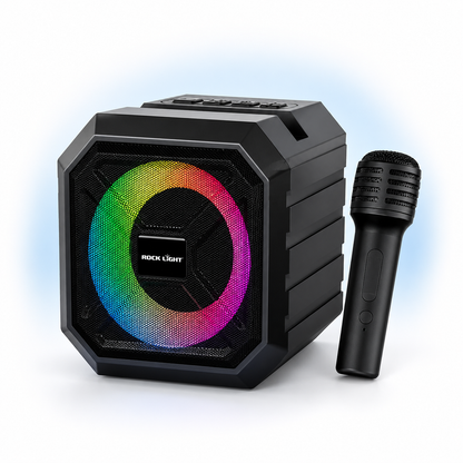 Portable Bluetooth karaoke speaker with RGB disco light and wireless microphone, ideal for home entertainment, karaoke, parties and music playback.