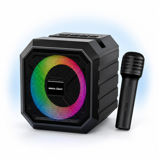 Portable Bluetooth karaoke speaker with RGB disco light and wireless microphone, ideal for home entertainment, karaoke, parties and music playback.