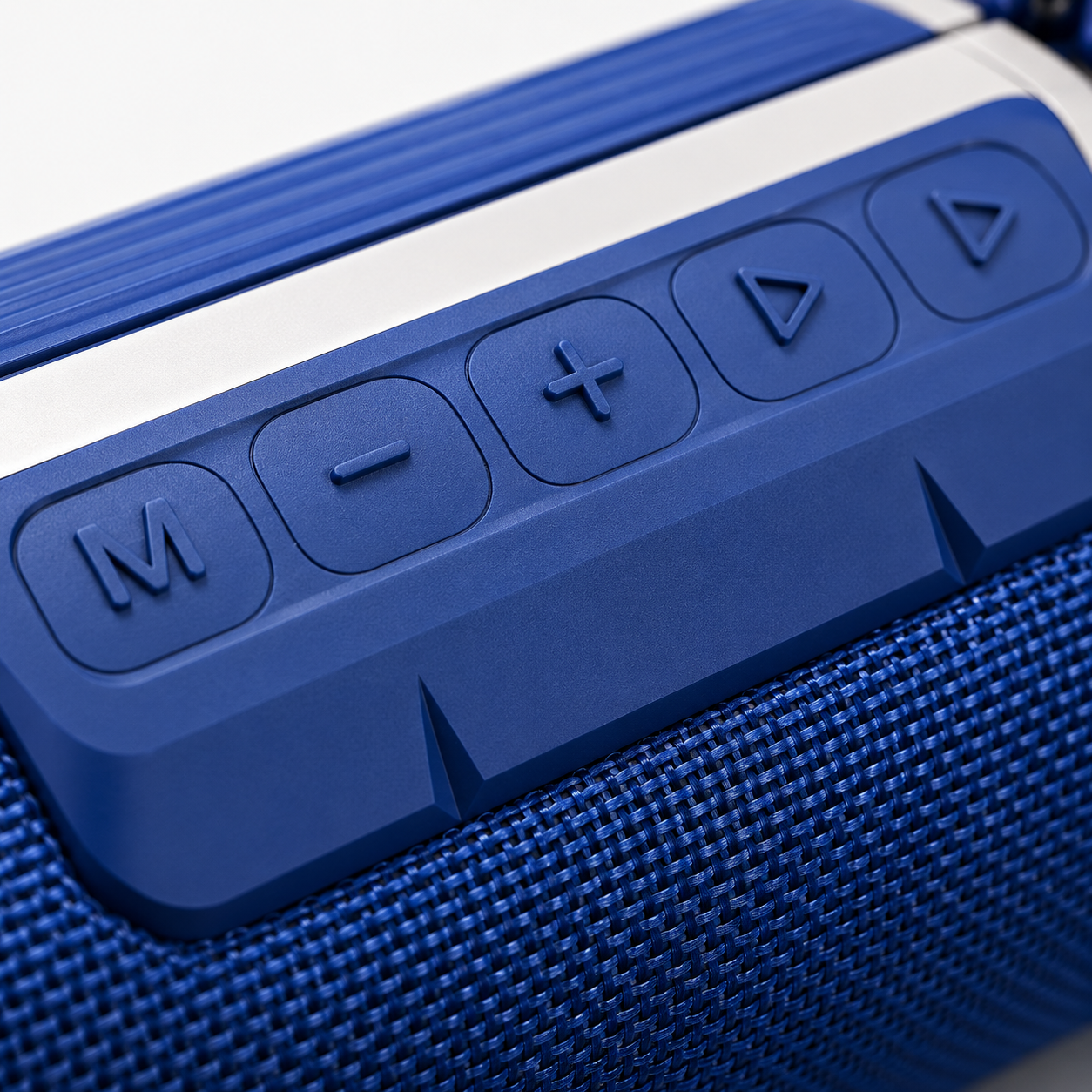 Portable wireless Bluetooth speaker retail box featuring a blue fabric speaker with carry strap, RGB disco light, Bluetooth connectivity, USB playback, TF card support, FM radio, AUX input, TWS pairing, Type-C charging, rechargeable battery, and Bass Boost technology.