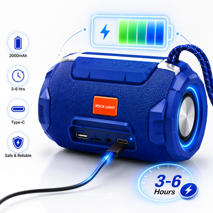 Rechargeable portable Bluetooth speaker charging via USB Type-C, featuring a 2000mAh battery, 3–6 hours playtime, USB, TF card, AUX input, and battery level indicator for portable music playback.