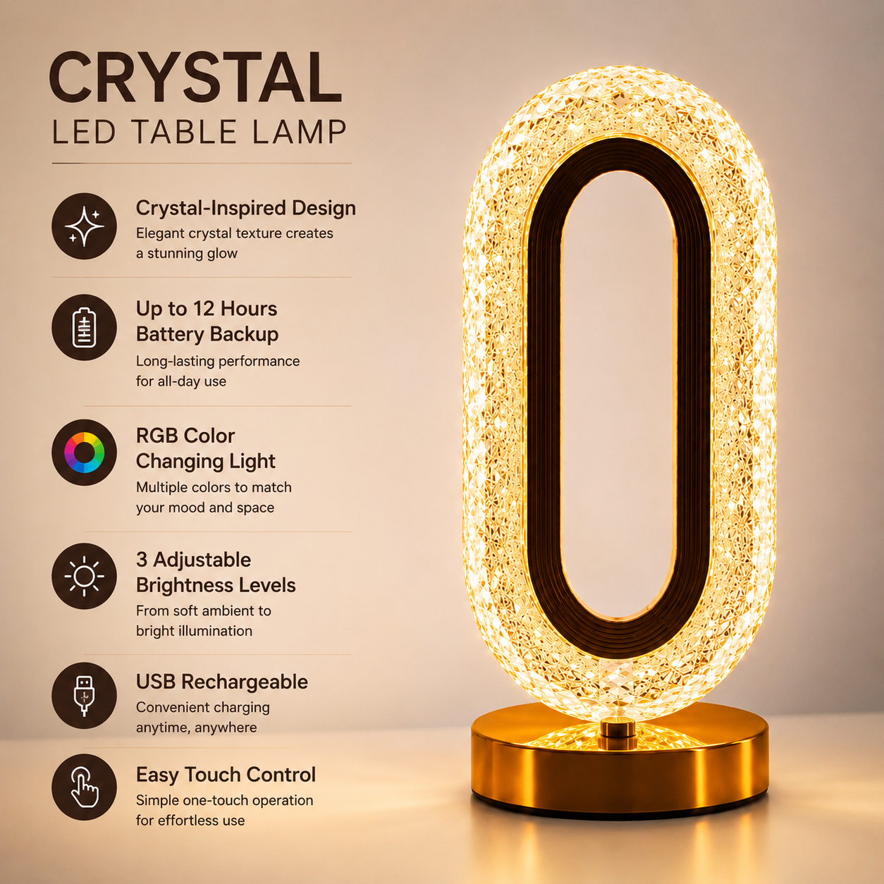 Crystal LED Table Lamp feature infographic showcasing USB rechargeable battery, RGB color changing light, 12-hour battery backup, touch control, and adjustable brightness levels.