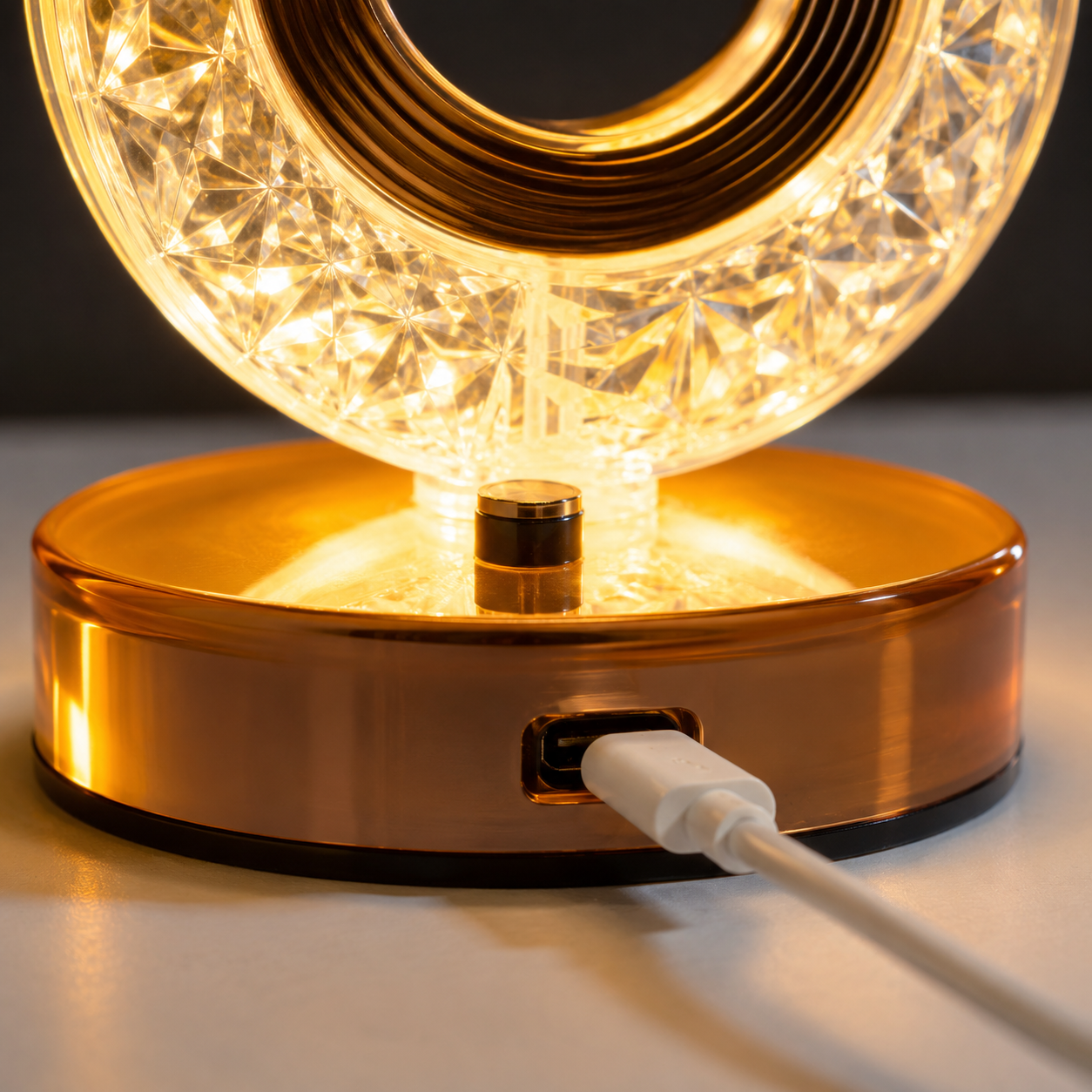 Crystal LED Table Lamp USB charging port close-up showing rechargeable connection, premium gold base, warm illuminated crystal design, modern LED night lamp detail photography.