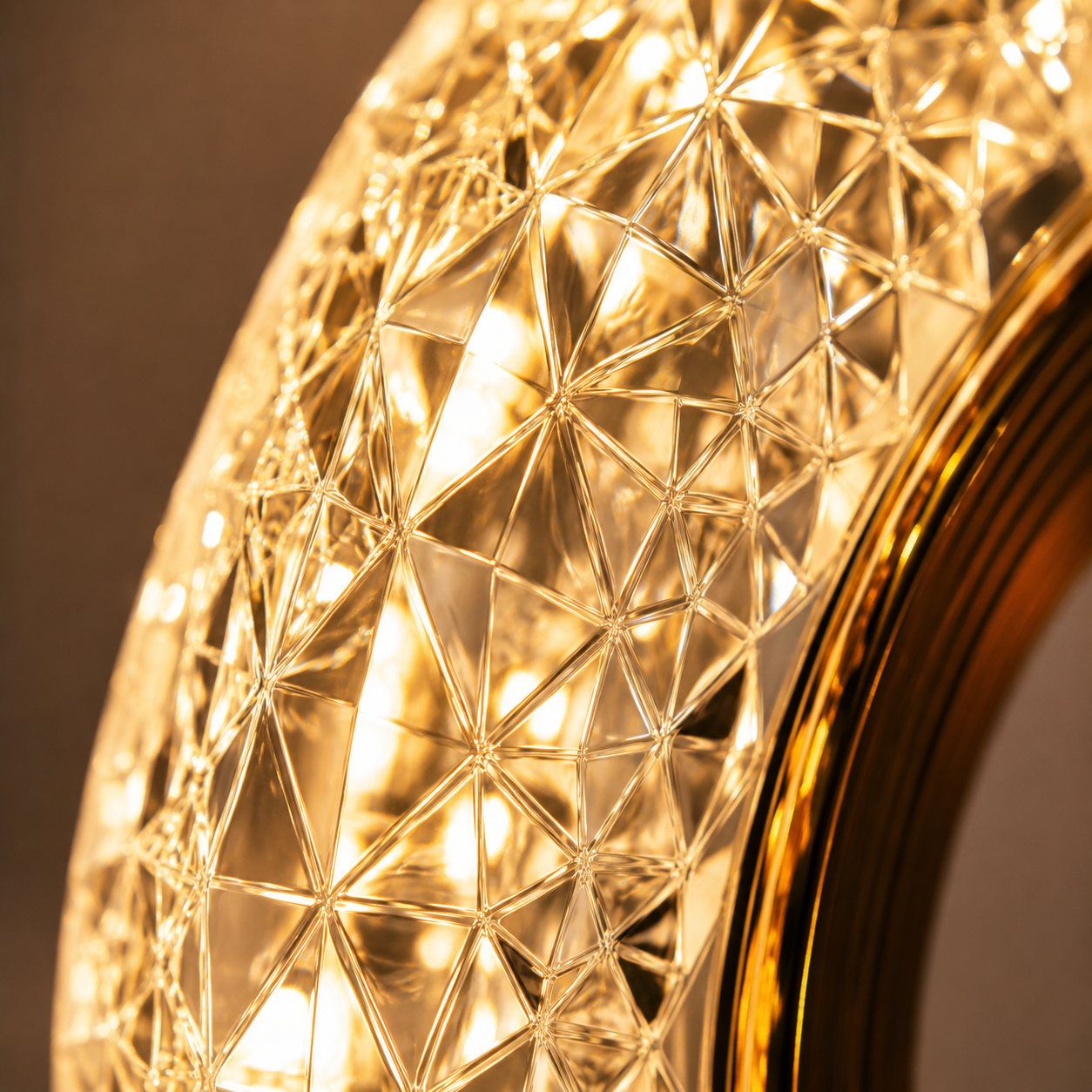 Macro close-up of Crystal LED Table Lamp crystal texture featuring intricate light refraction pattern, warm LED illumination, luxury decorative lighting detail shot.