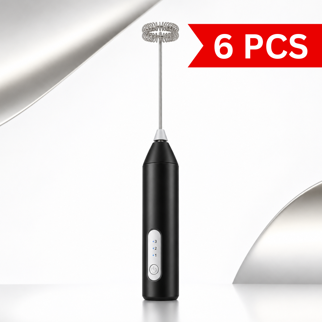 Portable USB Type-C rechargeable milk frother standing upright with stainless steel whisk, one-touch power button and three-speed LED display for coffee and milk frothing.