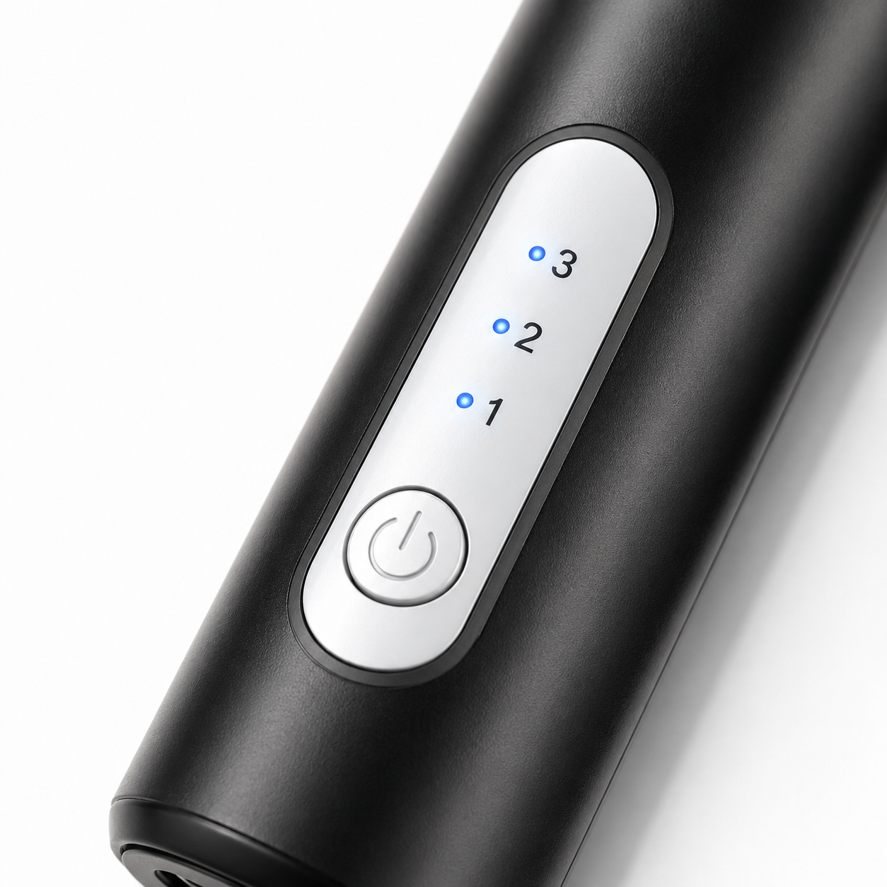 Macro view of a handheld milk frother featuring one-touch power button, three LED speed indicators and ergonomic matte black finish.