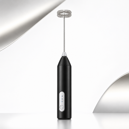 Portable USB Type-C rechargeable milk frother standing upright with stainless steel whisk, one-touch power button and three-speed LED display for coffee and milk frothing.