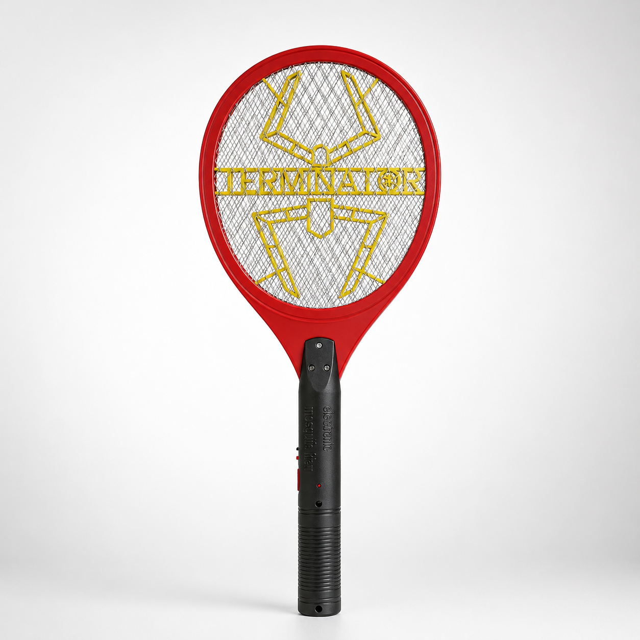 Rechargeable electric mosquito bat with 3-layer mesh, ergonomic handle and high-voltage insect killing racket on white background.
