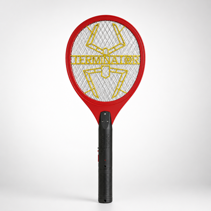 Rechargeable electric mosquito bat with 3-layer mesh, ergonomic handle and high-voltage insect killing racket on white background.
